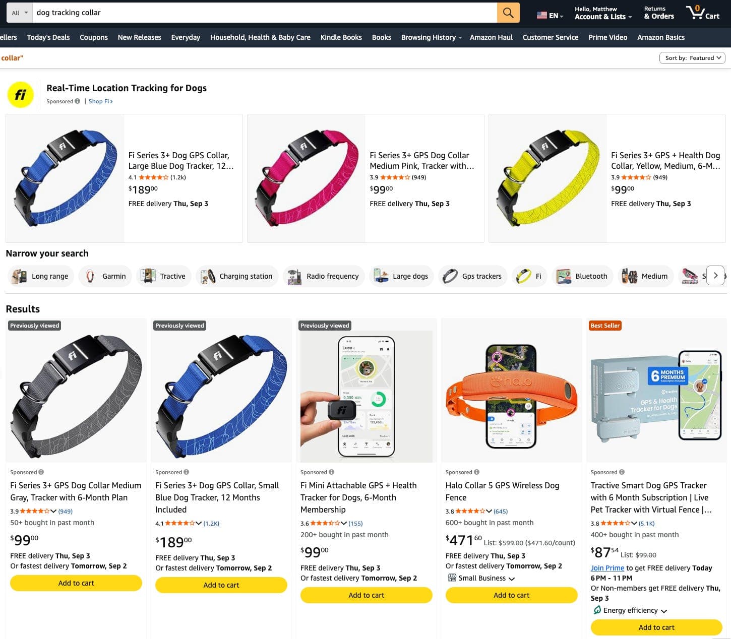 Amazon search results for “dog tracking collar”, with Sponsored tags under the product listings